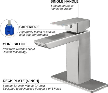 RUMOSE Brushed Nickel Bathroom Faucets Set with Pop Up Drain Single Handle Bathroom Sink Faucet 1 & 3 Hole Waterfall Spout Vanity Faucet Kit with Deck Plate RV Lavatory Basin Faucet, Stainless Steel