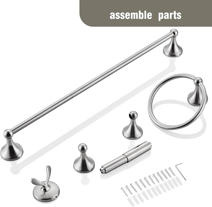 Classic Bathroom Hardware 4-piece Set, Brushed Nickel | Wall Mounted,Stainless Steel and Zinc material,Including Towel Bar,Towel Ring,Toilet Paper Holder,Robe Hook