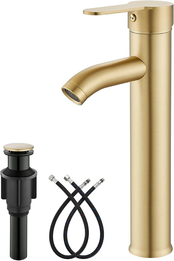 gotonovo Modern Vessel Sink Faucet with ABS Pop Up Drain, Brushed Gold | Modern Tall Bathroom Faucet 1 Hole Single Handle Round Body, cUPC Water Supply Hoses, Basin Mixer Tap for Vanity Lavatory Rv