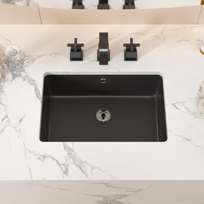 Black Ceramic 18"x12" Undermount Bathroom Lavatory Sink | Rectangle under counter black bathroom vessel sink for bathroom with overflow