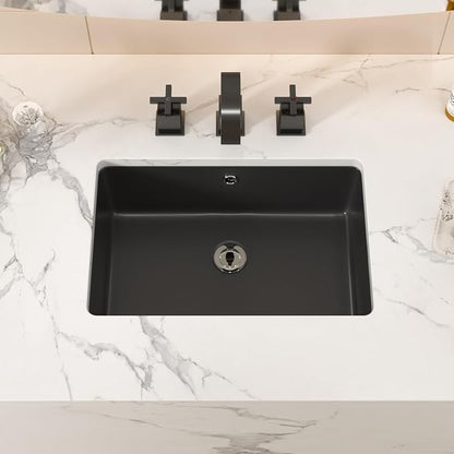 Black Ceramic 18"x12" Undermount Bathroom Lavatory Sink | Rectangle under counter black bathroom vessel sink for bathroom with overflow
