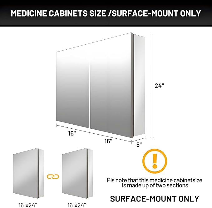 32 x 24 Medicine Cabinet Mirror for Bathroom,Assembly Required,Aluminum Alloy Frame,Surface-Mount Only,Mirrored Side Panel,Adjustable Shelves,Bathroom Medicine Cabinet with Mirror