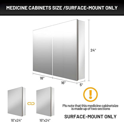 32 x 24 Medicine Cabinet Mirror for Bathroom,Assembly Required,Aluminum Alloy Frame,Surface-Mount Only,Mirrored Side Panel,Adjustable Shelves,Bathroom Medicine Cabinet with Mirror