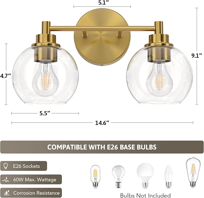 VONLUCE 2 Light Bathroom Vanity Light Fixtures, Gold Finish | Globe Glass Shades, E26 Sockets, Easy to install, Vanity Lights for Bedroom Hallway Living Room
