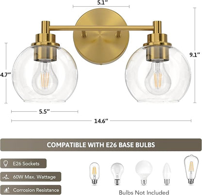 VONLUCE 2 Light Bathroom Vanity Light Fixtures, Gold Finish | Globe Glass Shades, E26 Sockets, Easy to install, Vanity Lights for Bedroom Hallway Living Room