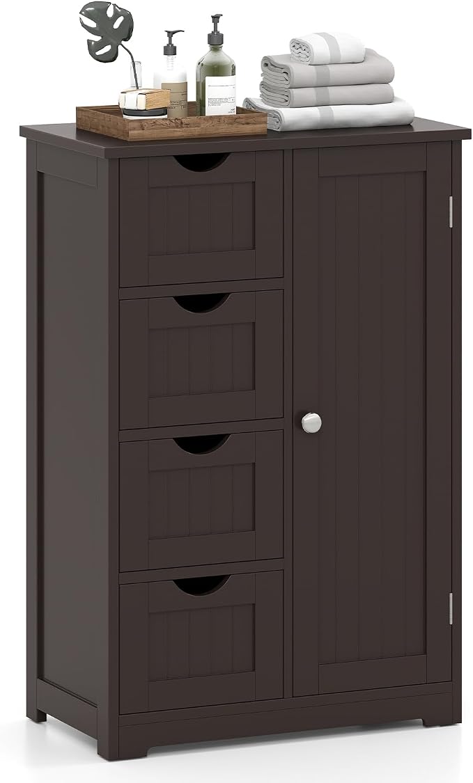Giantex Bathroom Storage Cabinet with Drawers - 4 Drawer Storage Organizer w/Cupboard, Adjustable Shelf, Anti-Toppling Device, Entryway Storage Unit Console Table, Bathroom Floor Cabinet (Brown)