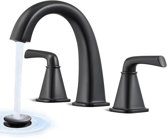 Widespread Bathroom Faucet 3 Hole, Matte Black Bathroom Sink Faucet, 2 Handle Brass Bathroom Faucets for Vanity Faucet with Pop Up Drain and 2 Supply Lines
