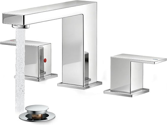 FORIOUS Chrome Bathroom Faucets 3 Hole, Polished Chrome Faucet for Bathroom Sink 3 Hole, 2 Handle 8 in Lavatory tap for Vanity Sink with Pop Up Drain, CUPC Supply Hose and Spare Water Saving Aerator