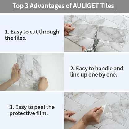 AULIGET Polished White Marble Peel and Stick Backsplash Wall Tiles, 3" x 12" PVC Faux Stone Stick on Tiles for Backsplash Kitchen, 4