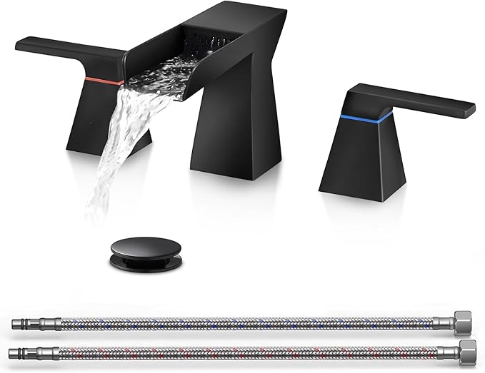 Matte Black Bathroom Faucet 3 Holes Two Handles Lavatory Vanity Sink Faucet Widespread 8 Inch Waterfall with Supply Hoses Stainless Steel