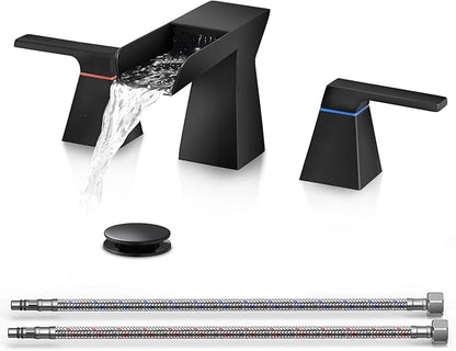 Matte Black Bathroom Faucet 3 Holes Two Handles Lavatory Vanity Sink Faucet Widespread 8 Inch Waterfall with Supply Hoses Stainless Steel