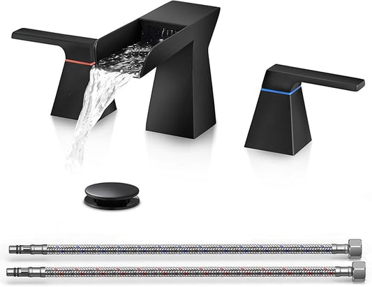 Matte Black Bathroom Faucet 3 Holes Two Handles Lavatory Vanity Sink Faucet Widespread 8 Inch Waterfall with Supply Hoses Stainless Steel
