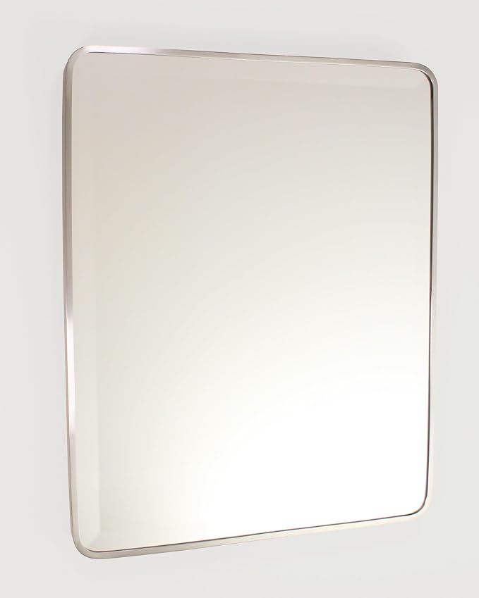 16x20 Austin Farmhouse Metal Framed Rounded Rectangle Recessed Bathroom Medicine Cabinet, Beveled Mirror, 14x18 in-Wall Opening, powder-coated Steel, Glass Shelves, Magnet Close, Brushed Nickel