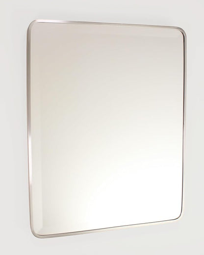 16x20 Austin Farmhouse Metal Framed Rounded Rectangle Recessed Bathroom Medicine Cabinet, Beveled Mirror, 14x18 in-Wall Opening, powder-coated Steel, Glass Shelves, Magnet Close, Brushed Nickel