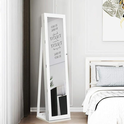 CHARMAID Standing Jewelry Armoire with Tall Full Length Mirror, 2-in-1 Lockable Jewelry Cabinet Organizer with Large Storage Capacity, Inside Makeup Mirror, Stable Base, Easy Assembly (White)