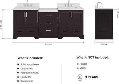 ARIEL Stafford 84-inch Bathroom Vanity with Sink,Solid Wood, 1.5in Pure White Quartz Countertop & Backsplash, Double Rectangular Porcelain Sink, 4 Soft Closing Doors, 5 Dovetail Drawers, Espresso