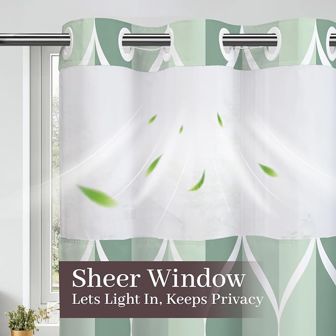 Gelbchu Dark Green No Hook Shower Curtain with Snap-in Liner, 71 x 74 Inch | Built-In Hooks, Mesh Top Window, Water-Repellent, Machine Washable, Quick Drying, Premium Polyester, Hotel Style, Modern