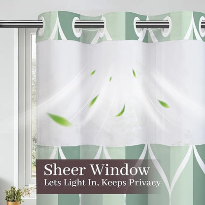 Gelbchu Dark Green No Hook Shower Curtain with Snap-in Liner, 71 x 74 Inch | Built-In Hooks, Mesh Top Window, Water-Repellent, Machine Washable, Quick Drying, Premium Polyester, Hotel Style, Modern