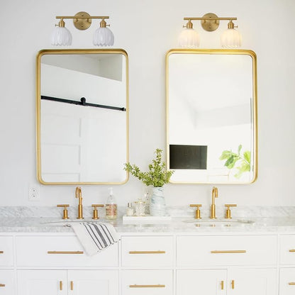 Gold 2 Light Bathroom Vanity Light,14.9in Modern Bathroom Lighting Fixtures Over Mirror with Milky White Tulip Crystal Glass Shade,Brass Vintage Vanity Lights for Bathroom Living Room Bedroom