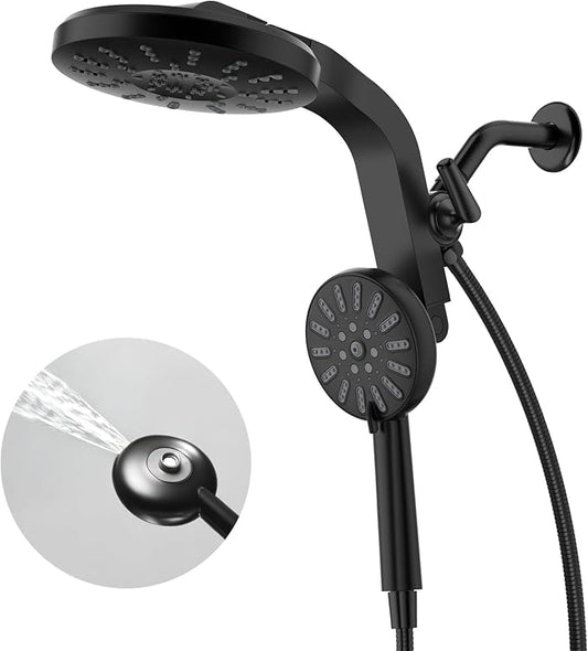 High Pressure Rain Shower Head Combo with Magnetic Handheld Black | Dual Shower System with Rainfall Showerhead and 8-Spray Handheld, Magnetic Dock, Adjustable Angle, Power Jet for Cleaning