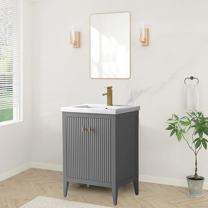 HOMEBEYOND 24" Bathroom Vanity with Ceramic Sink, Solid Wood Free-Standing Vanities Cabinet, Ceramic Top, Golden Brushed Handware & Soft Closing Door, Cashmere Gray
