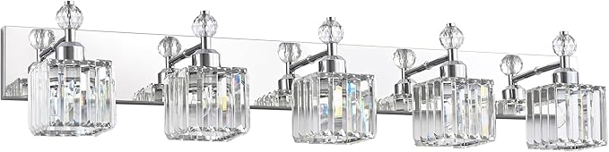 PRESDE 5-Light Crystal Bathroom Vanity Light, Chrom ModernBathroom Lights Fixtures Over Mirror Wall Lamp for Bathroom Bedroom Hallway