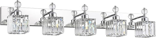 PRESDE 5-Light Crystal Bathroom Vanity Light, Chrom ModernBathroom Lights Fixtures Over Mirror Wall Lamp for Bathroom Bedroom Hallway