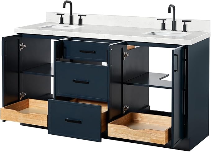 ARIEL Kelly 66-inch Bathroom Vanity with Sink,Solid Wood, 1.5-inch Carrara White Quartz Countertop, Double Rectangular Porcelain Sink, 4 Soft Closing Doors, 5 Dovetail Drawers, Midnight Blue