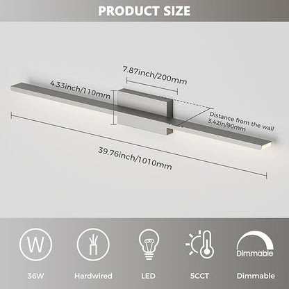 JUSHENG Brushed Nickel Vanity Lights 5CCT Dimmable Vanity Light Bar LED Bathroom Light Fixtures 39.37'' Inch 36W