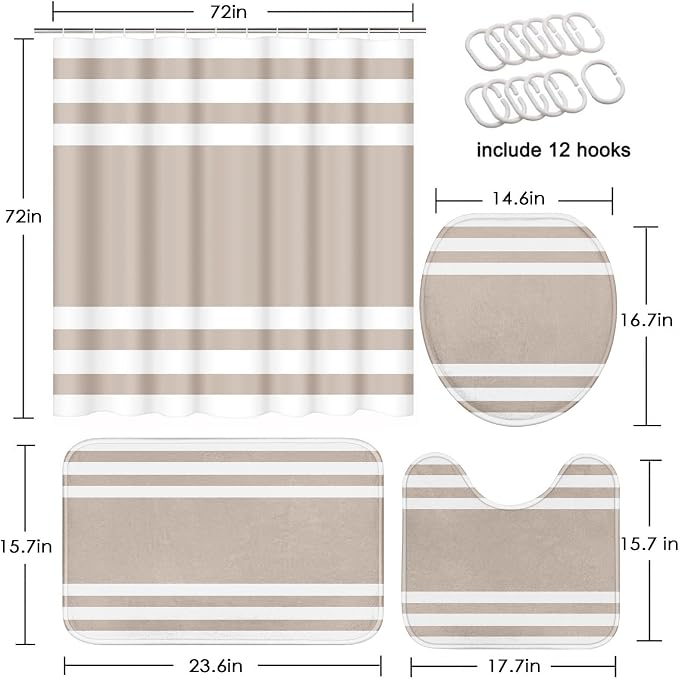 Bathroom Sets with Shower Curtain and Rugs, 4 Pcs, Striped | Minimalist Modern Neutral Beige Bathroom Decor Set with Toilet Lid Cover, Non-Slip Bath Mats and Accessories 12 Hooks