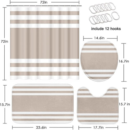 Bathroom Sets with Shower Curtain and Rugs, 4 Pcs, Striped | Minimalist Modern Neutral Beige Bathroom Decor Set with Toilet Lid Cover, Non-Slip Bath Mats and Accessories 12 Hooks