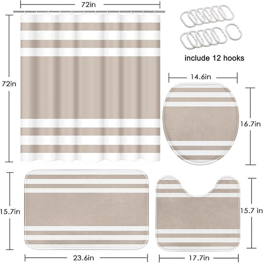 Bathroom Sets with Shower Curtain and Rugs, 4 Pcs, Striped | Minimalist Modern Neutral Beige Bathroom Decor Set with Toilet Lid Cover, Non-Slip Bath Mats and Accessories 12 Hooks
