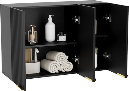 ChooChoo Bathroom Wall Cabinet, Laundry Room Cabinet with 3 Fluted Doors | Kitchen Storage Cupboard Cabinet with Adjustable Shelf, Fluted Wall-Mounted Medicine Cabinet for Kitchen, Garage, Black