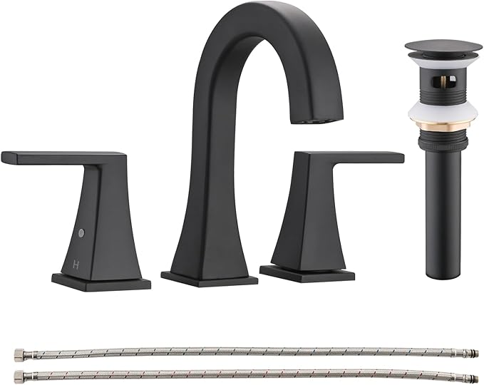 Bathroom Faucets for Sink, 2 Handle Widespread Bathroom Sink Faucet, 3 Hole Modern Stainless Steel Faucet with Pop-up Drain and Water Supply Lines, Matte Black
