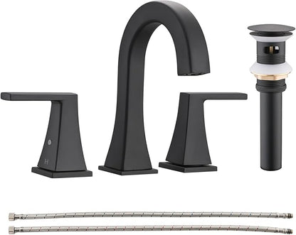 Bathroom Faucets for Sink, 2 Handle Widespread Bathroom Sink Faucet, 3 Hole Modern Stainless Steel Faucet with Pop-up Drain and Water Supply Lines, Matte Black