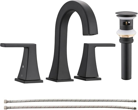 Bathroom Faucets for Sink, 2 Handle Widespread Bathroom Sink Faucet, 3 Hole Modern Stainless Steel Faucet with Pop-up Drain and Water Supply Lines, Matte Black