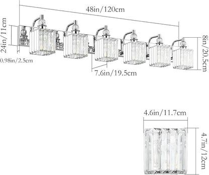 Ralbay Crystal Vanity Light 6 Light 48''Modern Chrome Bathroom Vanity Lighting Over Long Mirror Crystal Bathroom Wall Lighting Fixtures