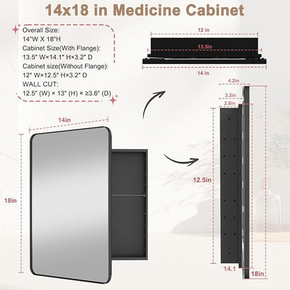 14x18 in Medicine Cabinet with Mirror for Small Space, Matte Black | Fully Assembled; Recessed or Surface Mount; Metal Construction with One Adjustable Glass Shelf for Flexible Storage