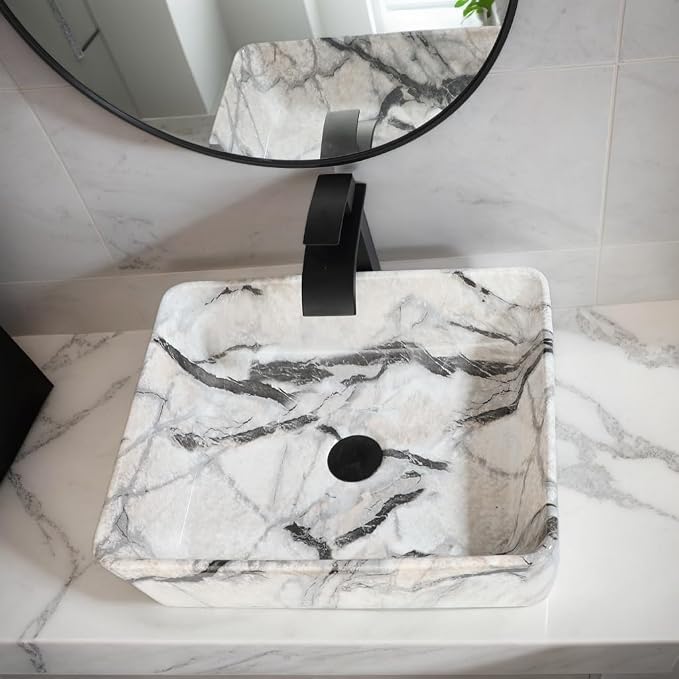 Bathroom Vessel Sink Modern Farmhouse White Rectangular Marble Vessel Sink - 19"x15" Handmade Ceramic Countertop Porcelain Sink Thickened Edges & Natural Stone Veins