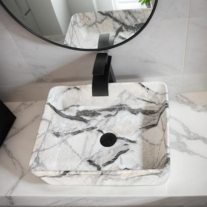 Bathroom Vessel Sink Modern Farmhouse White Rectangular Marble Vessel Sink - 19"x15" Handmade Ceramic Countertop Porcelain Sink Thickened Edges & Natural Stone Veins
