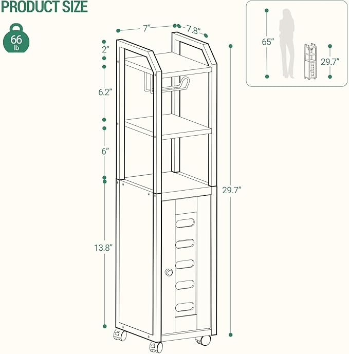 Bathroom Storage Cabinet - Toilet Paper Storage Cabinet, Small Toilet Paper Holder with 4 Wheels, Bathroom Organizer with Adjustable Shelf, for Small Spaces, Rustic Brown BC04601X