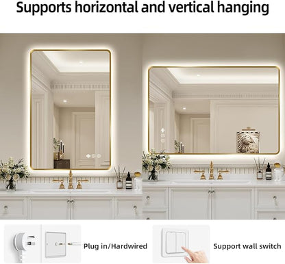 40" x 32" Gold LED Bathroom Mirror with Lights - Motion Sensor | Smart Backlit Mirror Bathroom, Anti-Fog, 3-Color Stepless Dimmable, Memory Function, Metal Framed Rounded-Corner Rectangle