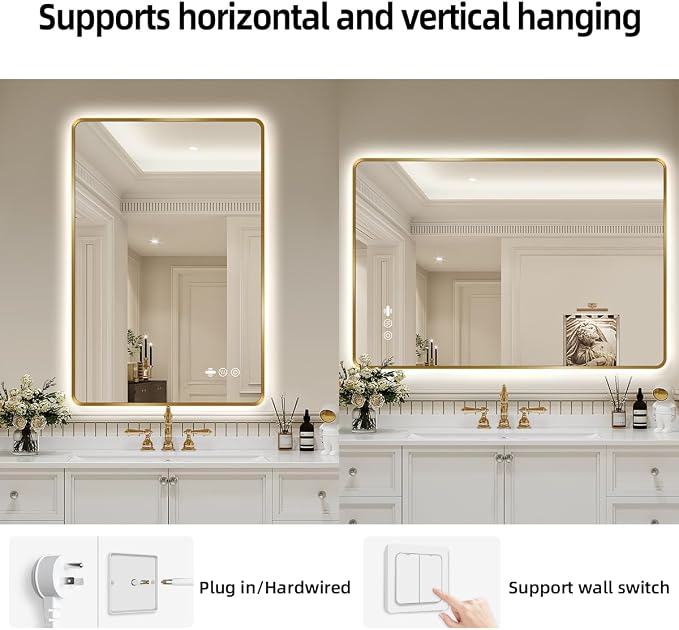 24" x 36" Gold LED Bathroom Mirror with Lights - Motion Sensor | Smart Backlit Mirror, Anti Fog, Stepless Dimmable & 3-Color, Wall Mounted Lighted Bathroom Vanity Mirror, UL-Listed, CRI≥93