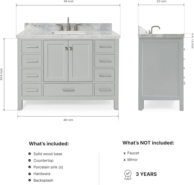 Beckford 48-Inch Bathroom Vanity with Sink — Grey Single Sink Bathroom Vanity, 1.5" Edge Italian Carrara Marble Top, Solid Wood, 2 Soft-Close Doors, 9 Dovetail Drawers