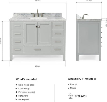 Beckford 48-Inch Bathroom Vanity with Sink — Grey Single Sink Bathroom Vanity, 1.5" Edge Italian Carrara Marble Top, Solid Wood, 2 Soft-Close Doors, 9 Dovetail Drawers