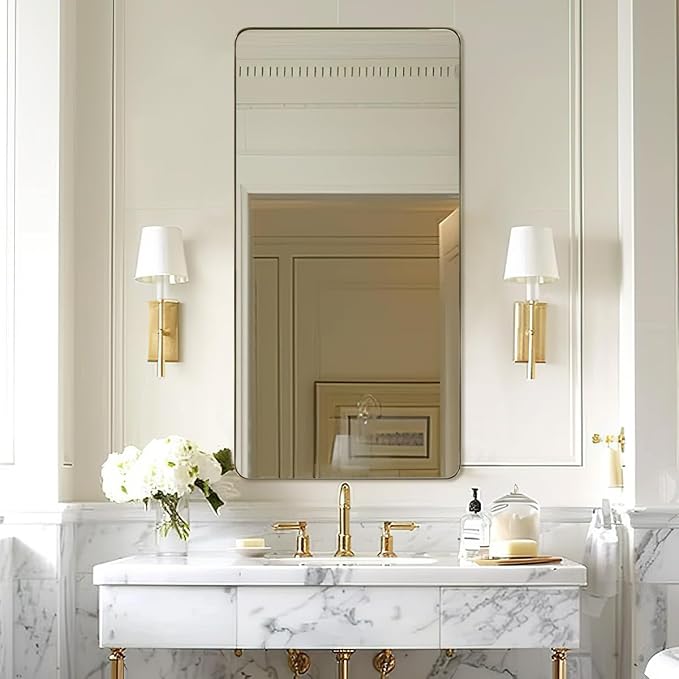 Gold Bathroom Mirrors for Over Sink, 30x55 InchBrushed Gold Wall Mirror, Rectangular Metal Framed Vanity Mirror -Modern Clean Design with Superior Stainless Steel Frame