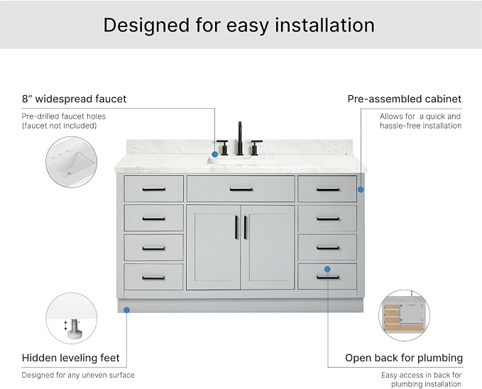 ARIEL Hepburn 60-inch Bathroom Vanity with Sink,Solid Wood, 1.5-inch Italian Carrara Marble Countertop, Single Rectangular Porcelain Sink, 2 Soft Closing Doors, 9 Dovetail Drawers, Grey