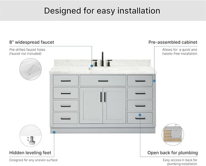 ARIEL Hepburn 60-inch Bathroom Vanity with Sink,Solid Wood, 1.5-inch Italian Carrara Marble Countertop, Single Rectangular Porcelain Sink, 2 Soft Closing Doors, 9 Dovetail Drawers, Grey