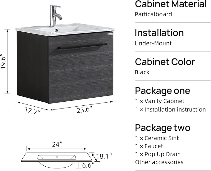 walsport Floating Bathroom Vanity with Sink & Mirror & Faucet & Countertop Set Small Wall Mounted Bathroom Single Sink Cabinet with Double Storage Drawers Modern (Black)