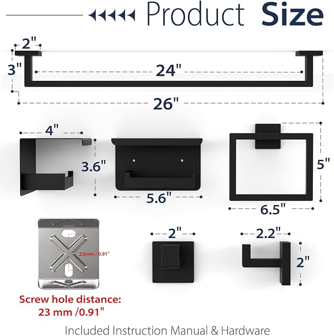 5-Piece Matte Black Bathroom Towel Bar Set,24" Bathroom Hardware Kit | Total 26 Inch Towel Racks for Bathroom Wall Mounted,SUS304 Stainless Steel Towel Bar for Bathroom, Kitchen, Laundry